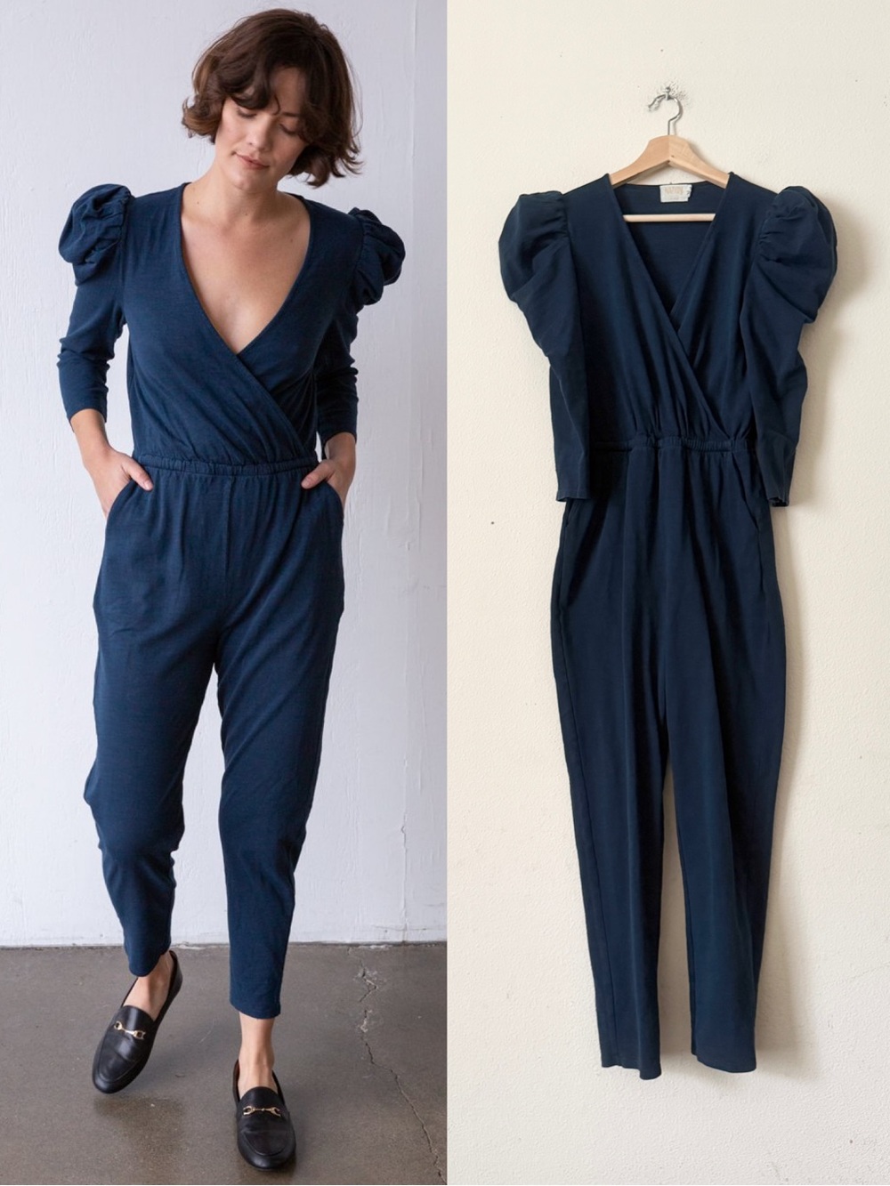 Nation Ltd SMALL Rhona puff sleeve Vneck playsuit in navy blue